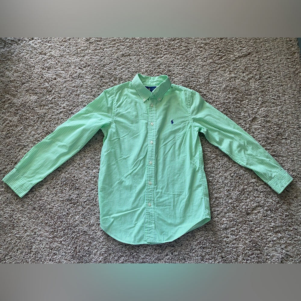 Ralph Lauren Boy Long Sleeve Button Down Shirt Green White Stripe Pony L 14/16
